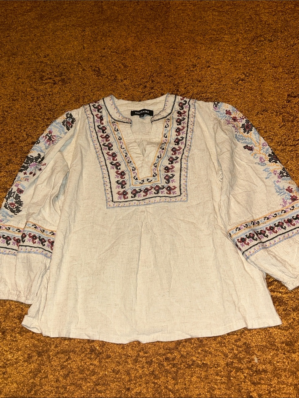 Solitaire Cream Embroidered V-Neck Peasant Blouse